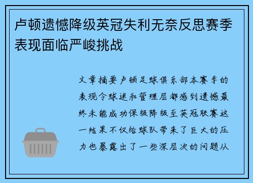 卢顿遗憾降级英冠失利无奈反思赛季表现面临严峻挑战