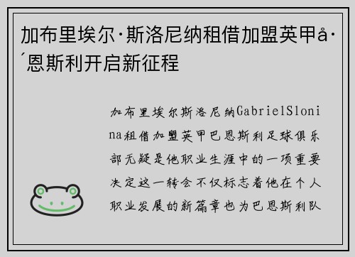 加布里埃尔·斯洛尼纳租借加盟英甲巴恩斯利开启新征程